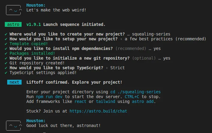 Screenshot of terminal running npm create astro@latest