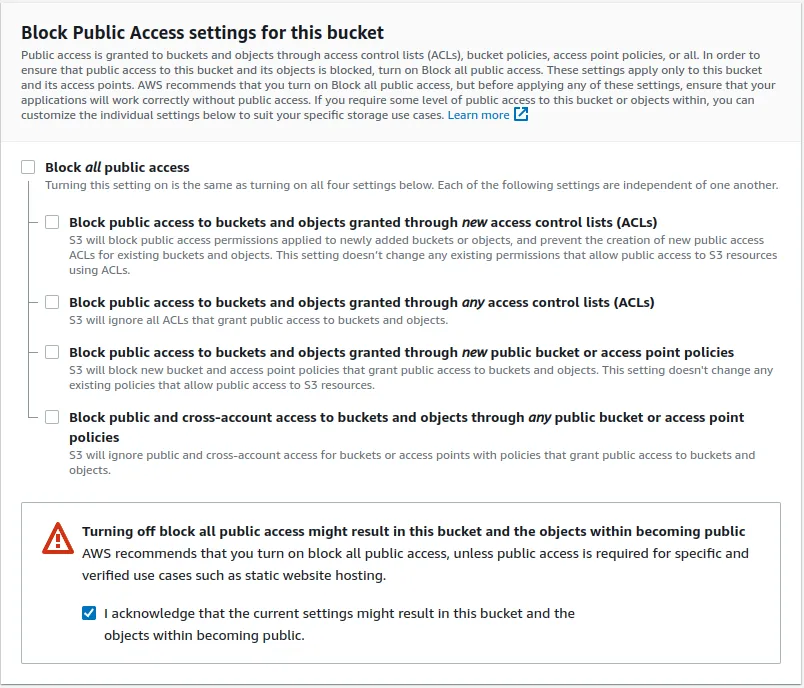 Screenshot showing public access setting configuration for an S3 bucket