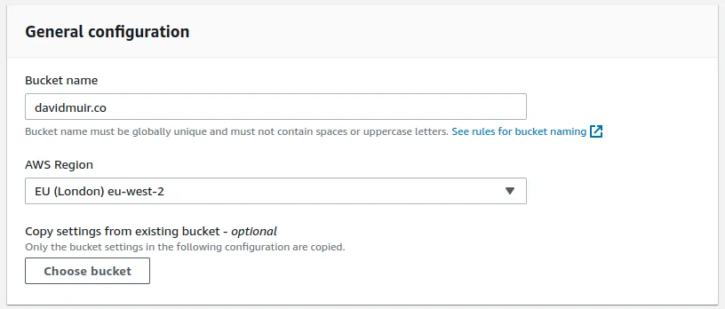 Screenshot showing General configuration for an S3 bucket\