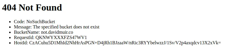 Screenshot showing a 404 error due to an incorrect bucket name