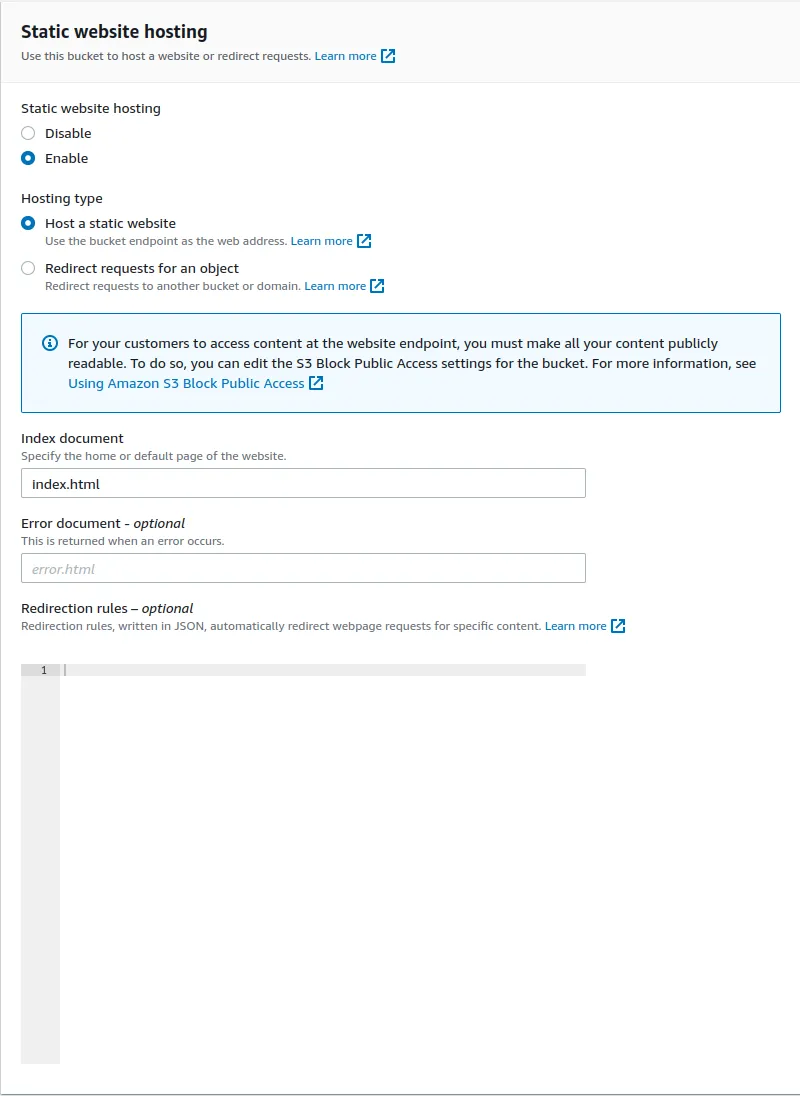 Screenshot showing static website hosting configuration for an S3 bucket